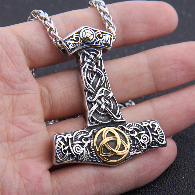 Mjolnir Necklace with Triskele Bass Relief Stainless Steel Necklace