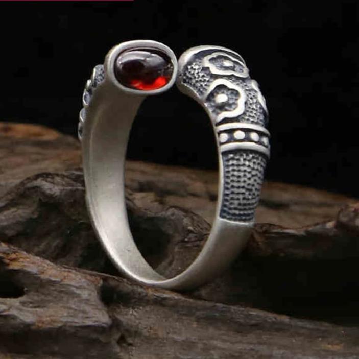 Traditional Norse Open Ring in 925 Sterling Silver Inlaid with Garnet Stones - Adjustable Ring