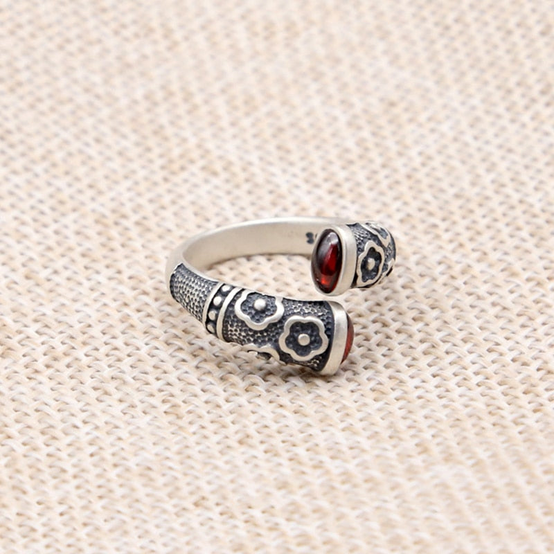 Traditional Norse Open Ring in 925 Sterling Silver Inlaid with Garnet Stones - Adjustable Ring