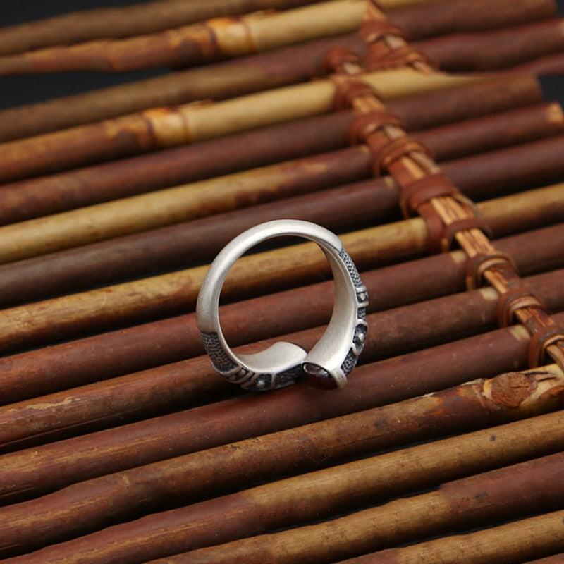 Traditional Norse Open Ring in 925 Sterling Silver Inlaid with Garnet Stones - Adjustable Ring