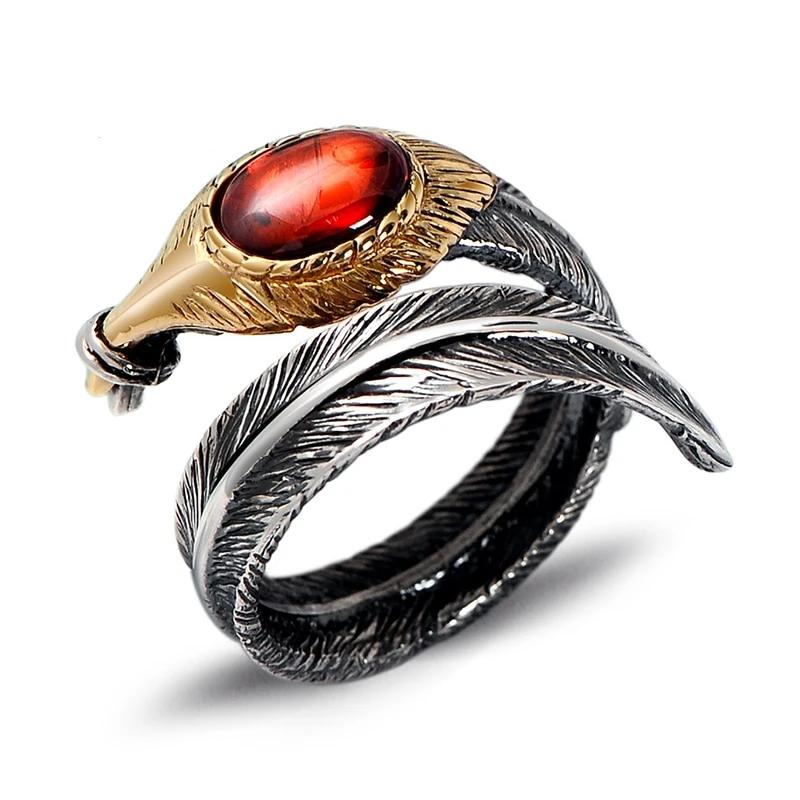 Hugin and Munin Silver Feathers 925 Sterling Silver Adjustable Ring with Natural Garnet Stone
