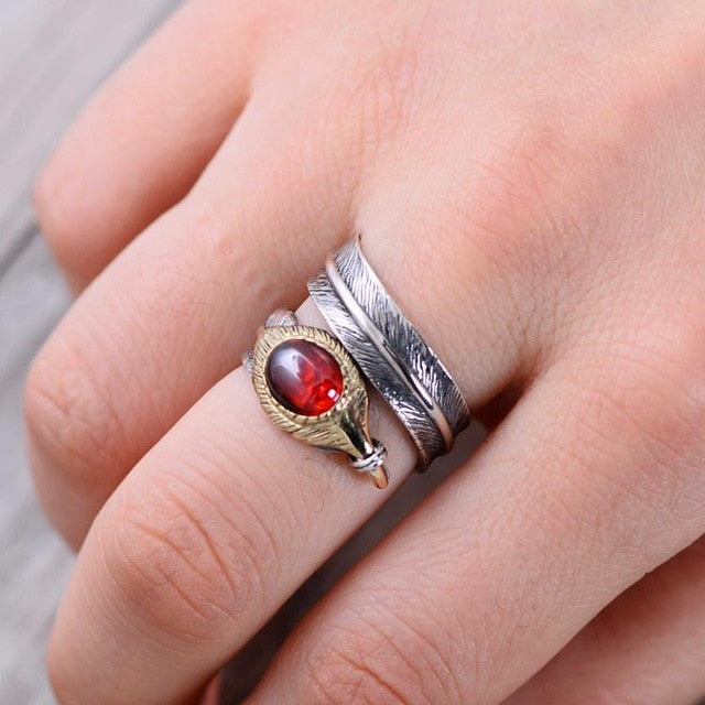 Hugin and Munin Silver Feathers 925 Sterling Silver Adjustable Ring with Natural Garnet Stone