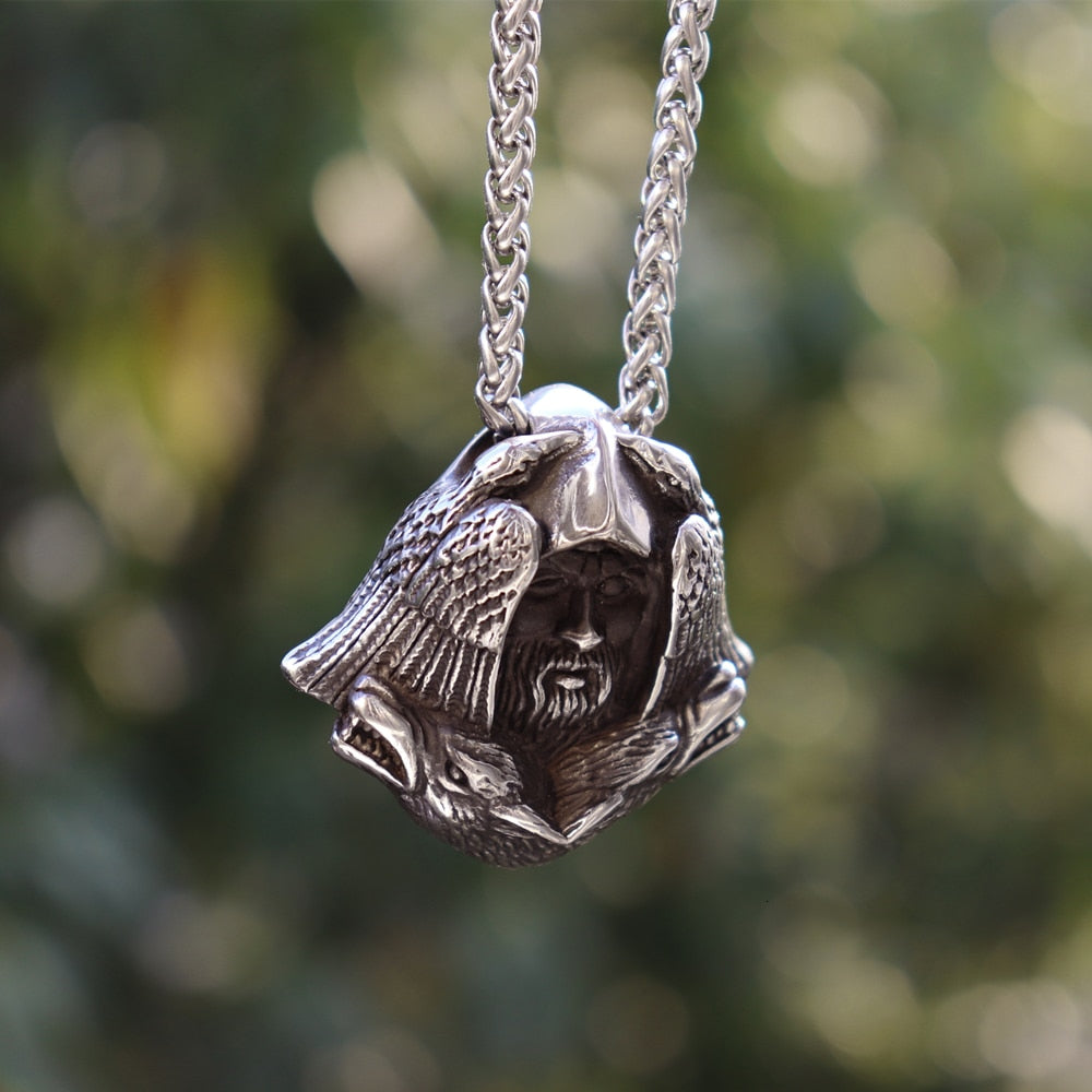 Odin with his Ravens  and his Wolves Stainless Steel Pendant