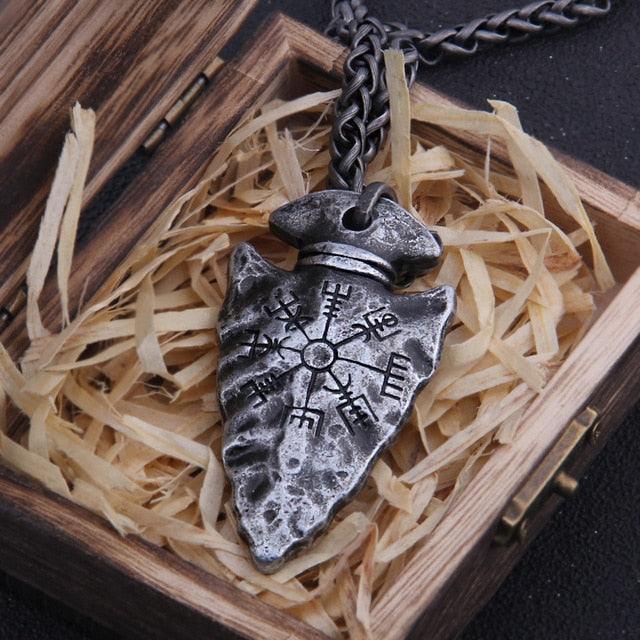 Odin's Spear Gungnir with Vegvisir The Viking Compass or Aegishjalmur, The Helm of Awe Stainless Steel Necklace