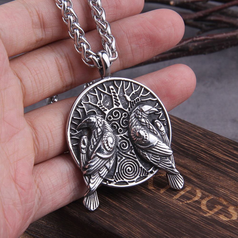 Huginn and Muninn Over Yggdrasil Stainless Steel Necklace