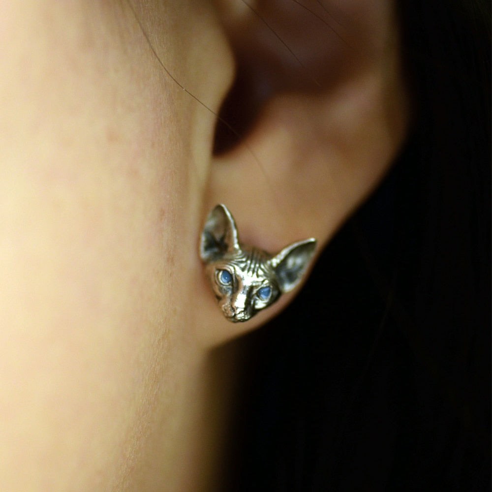 Freyja Sphynx Cat Silver Plated Stud Earrings