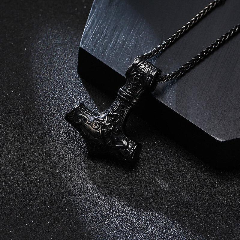 Black Mjolnir - Thor's hammer with Norse Knot Stainless Steel Necklace