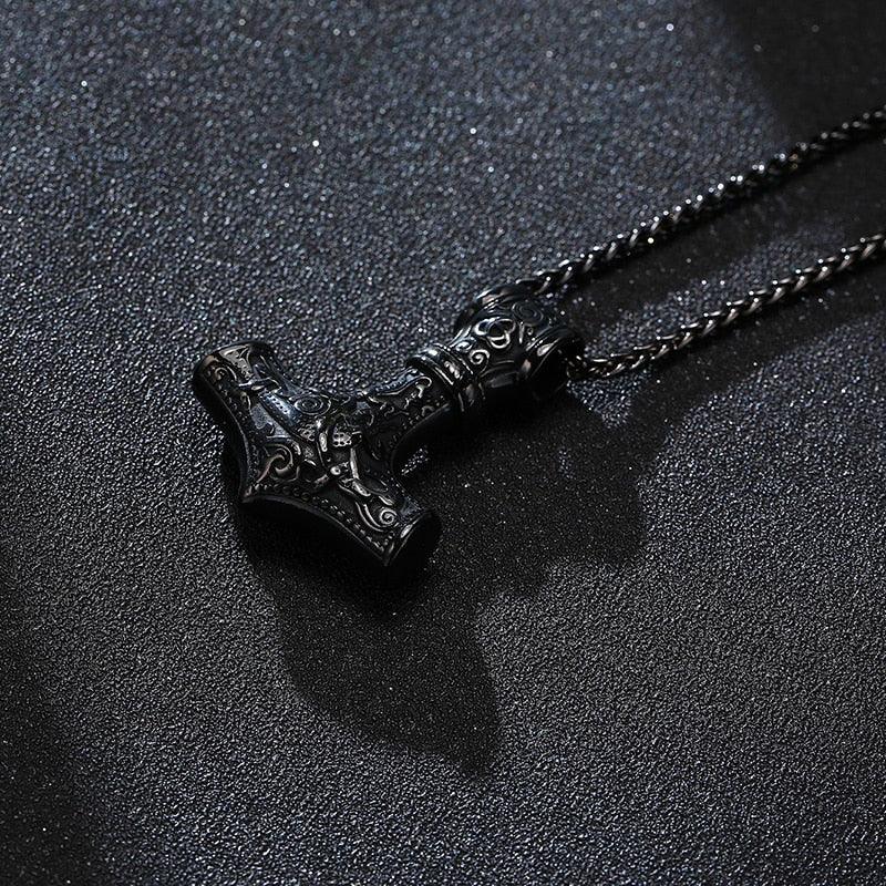 Black Mjolnir - Thor's hammer with Norse Knot Stainless Steel Necklace - TheWarriorLodge