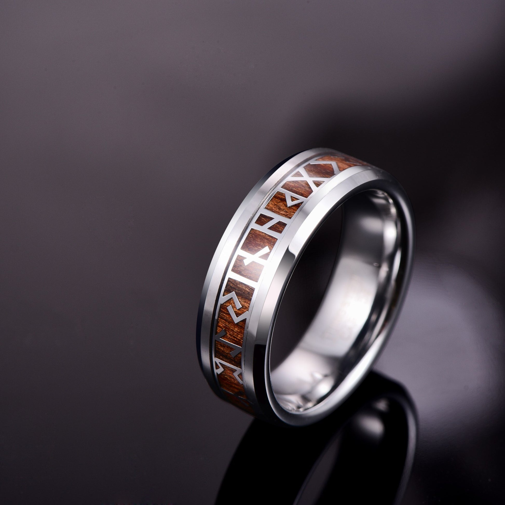 Viking Rune Ring in Tungsten Carbide with Wood Inlay Groove 8mm wide