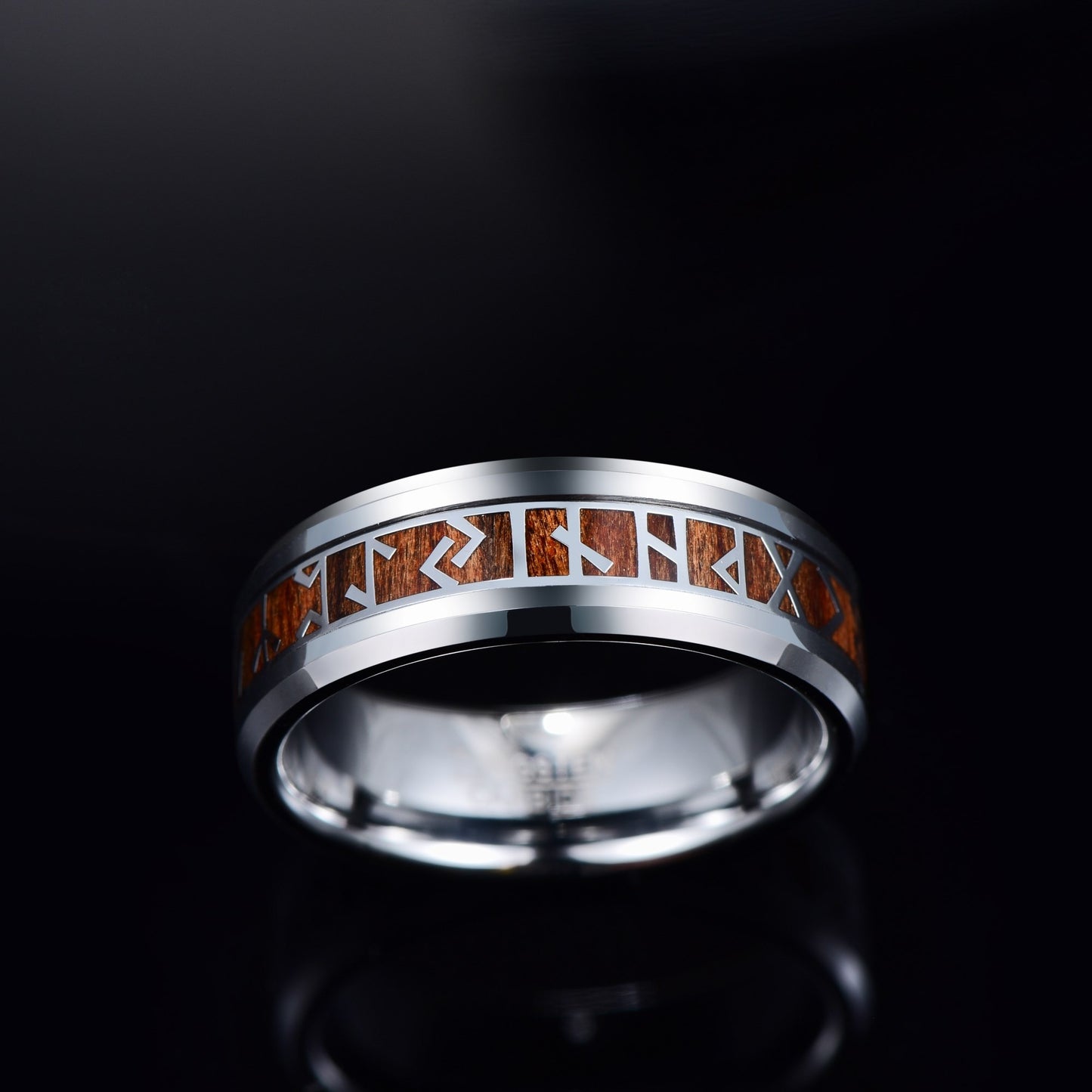 Viking Rune Ring in Tungsten Carbide with Wood Inlay Groove 8mm wide
