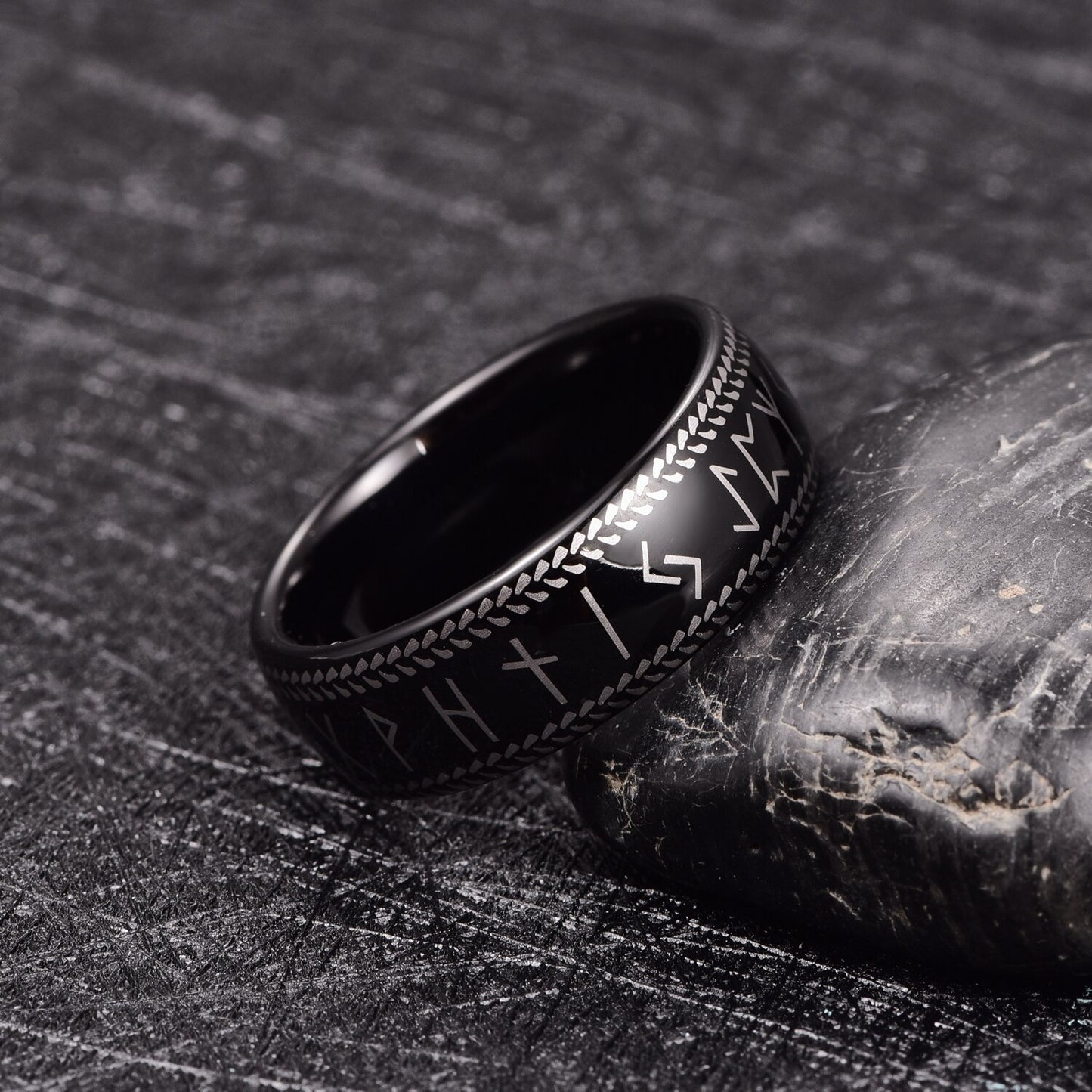 Black Viking 8mm Tungsten Steel Rune Ring