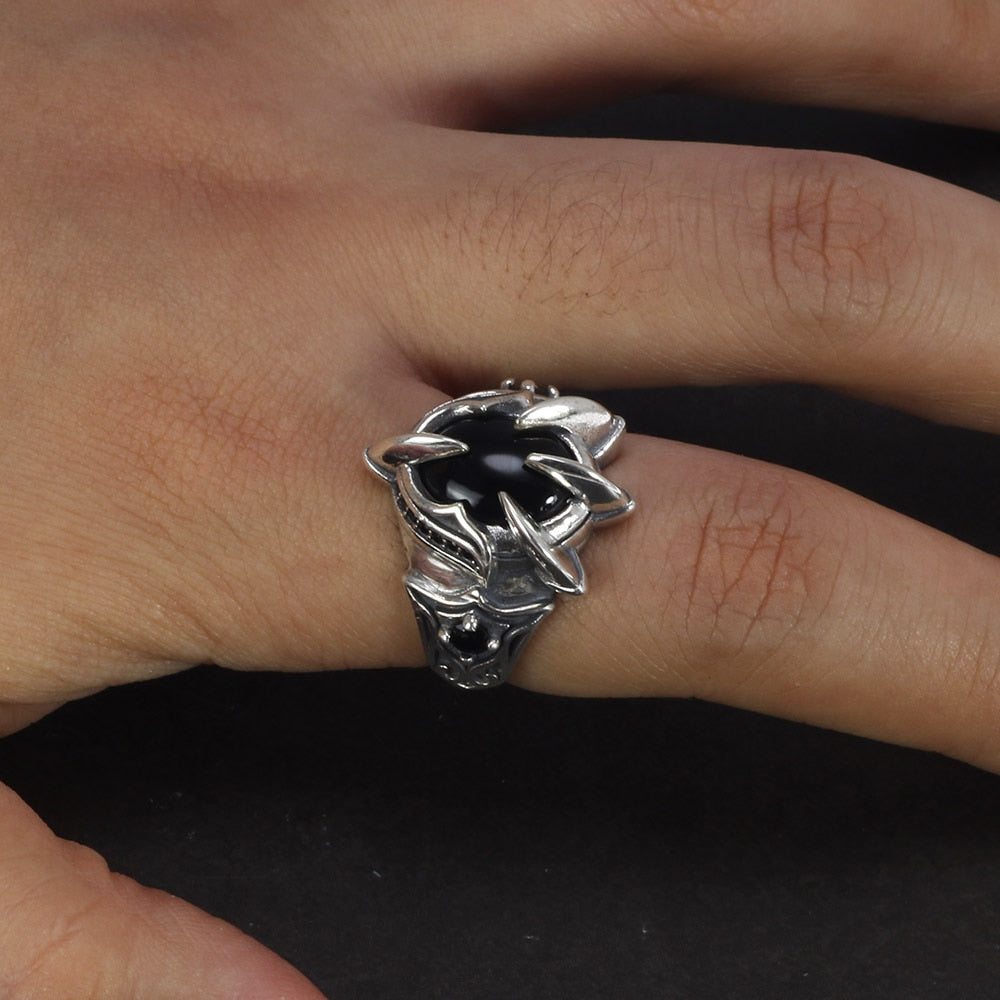 Dragon Claw of Fafnir 925 Sterling Silver Adjustable Ring with a Natural Black Agate