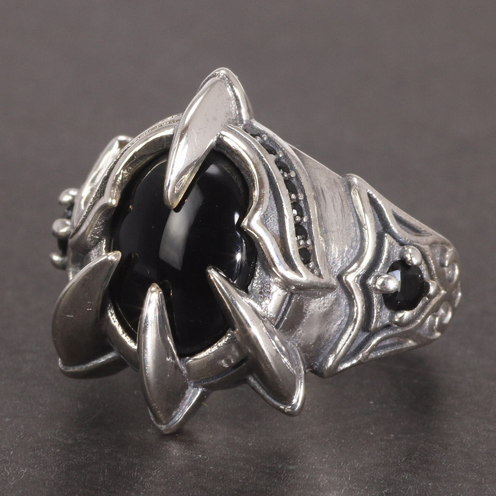 Dragon Claw of Fafnir 925 Sterling Silver Adjustable Ring with a Natural Black Agate