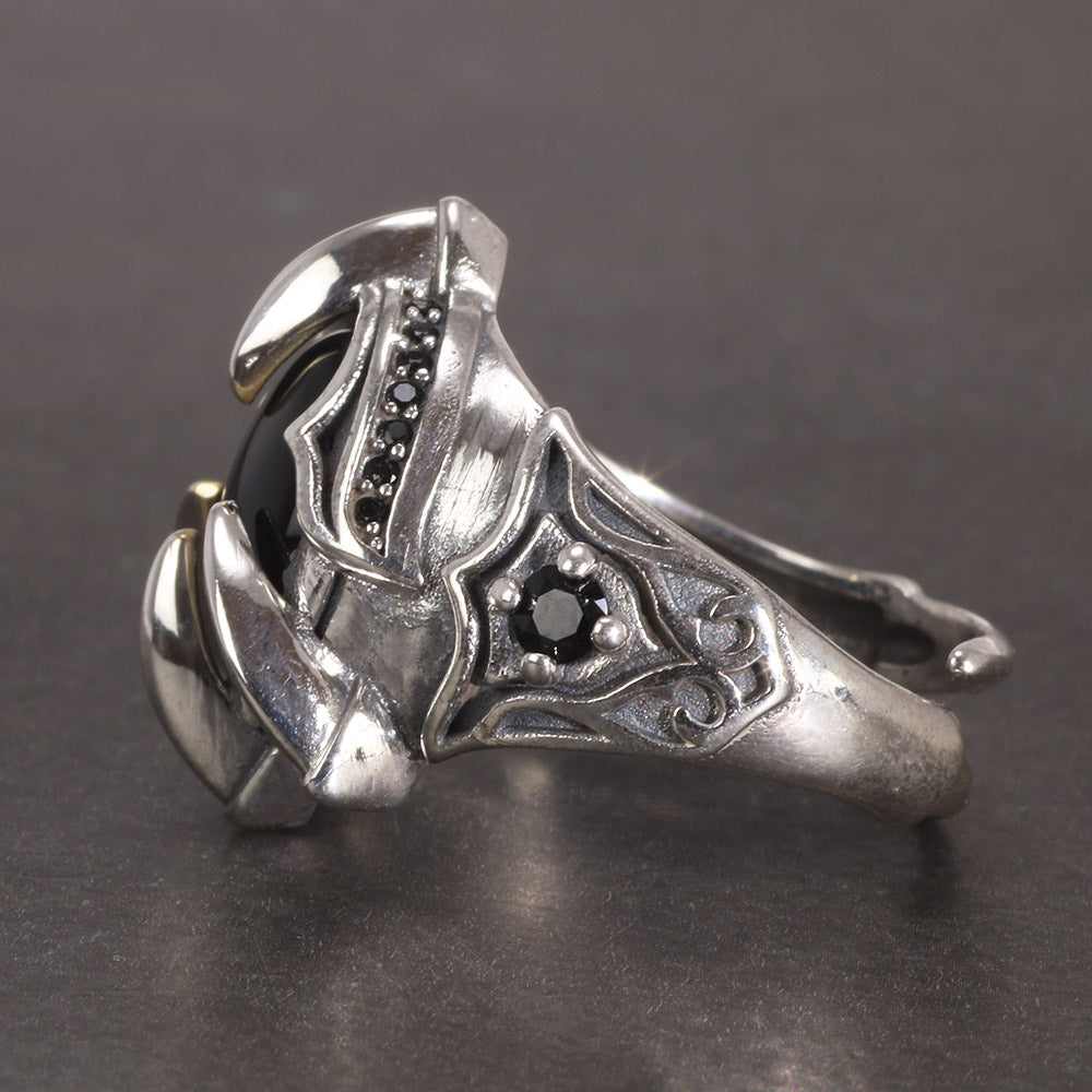 Dragon Claw of Fafnir 925 Sterling Silver Adjustable Ring with a Natural Black Agate