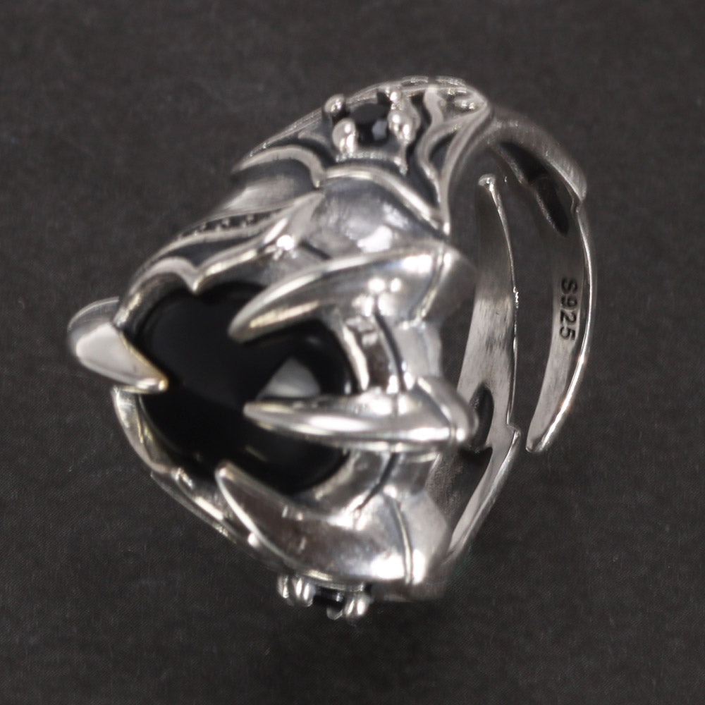 Dragon Claw of Fafnir 925 Sterling Silver Adjustable Ring with a Natural Black Agate