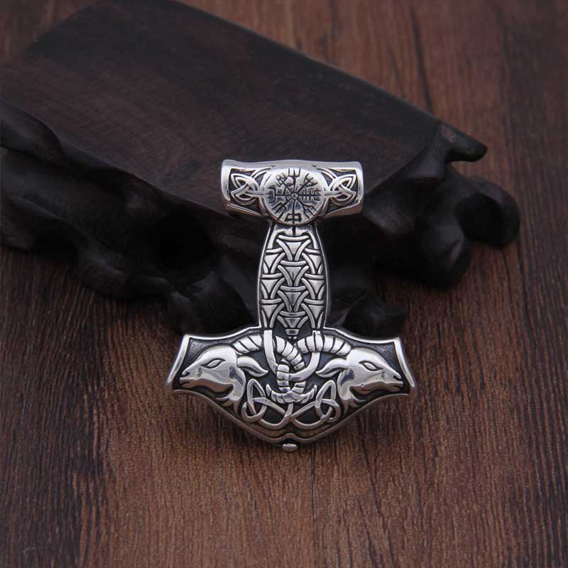Mjolnir and Thor's goats - 925 Sterling Silver Pendant with leather necklace